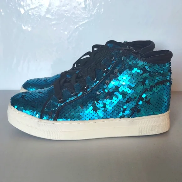 KidPik Reverse Sequin High Top Sneaker size 3 Blue Black - Picture 3 of 7